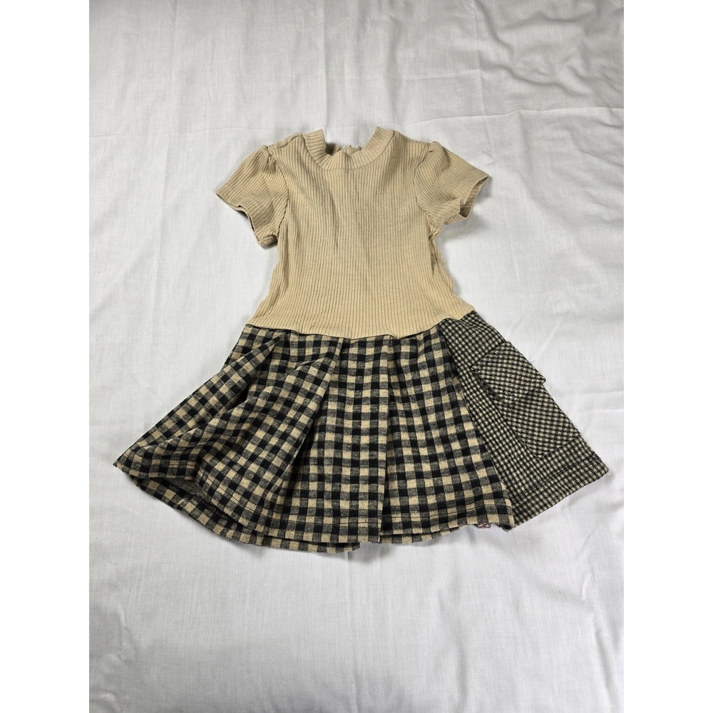 Tahari Girl Dress‎ Girls 4 Beige Plaid Fit & Flare Knit Pleated Skirt Casual